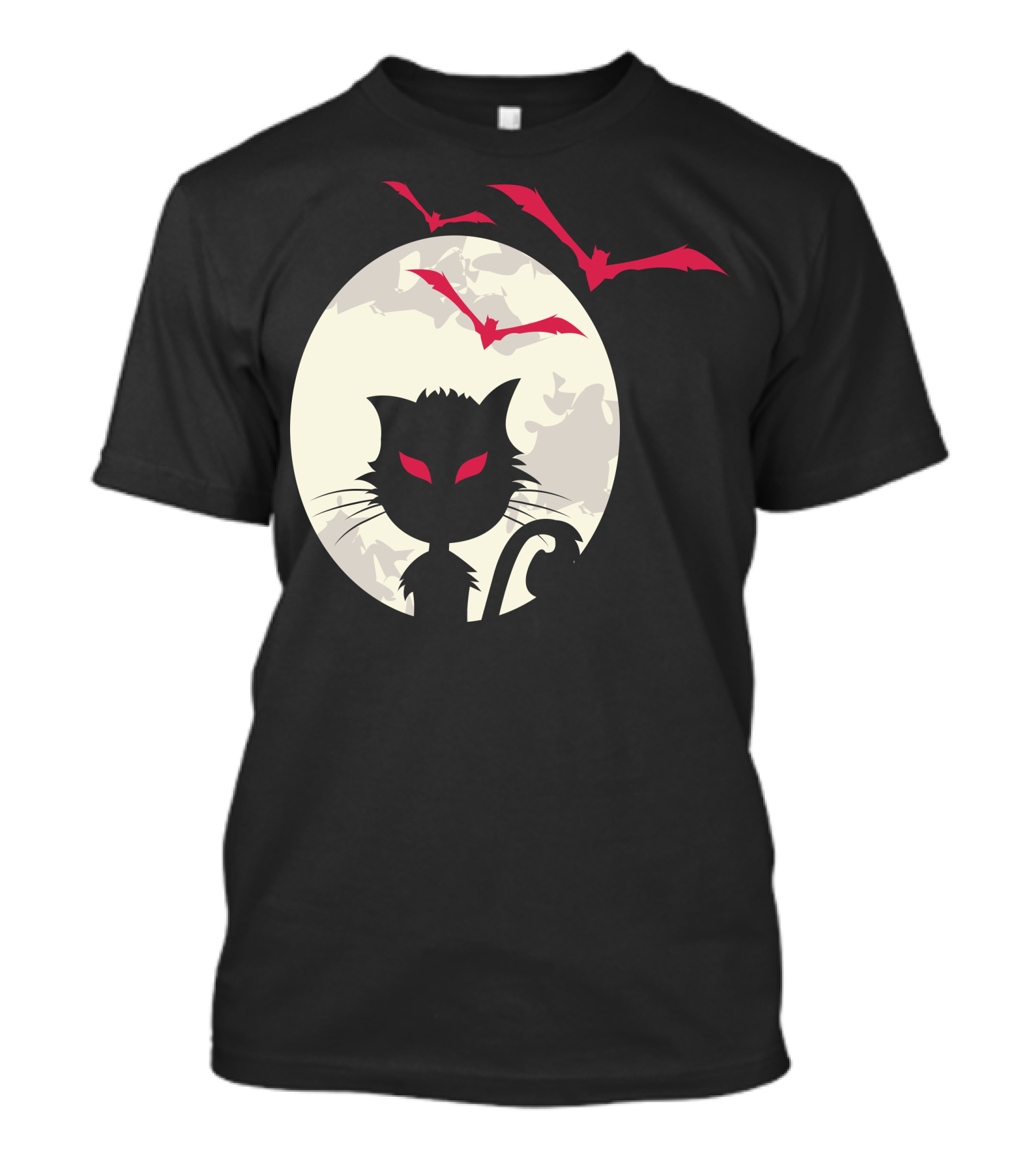 Halloween Bat Cat Silhouette With Red Bats And Moon T-Shirt