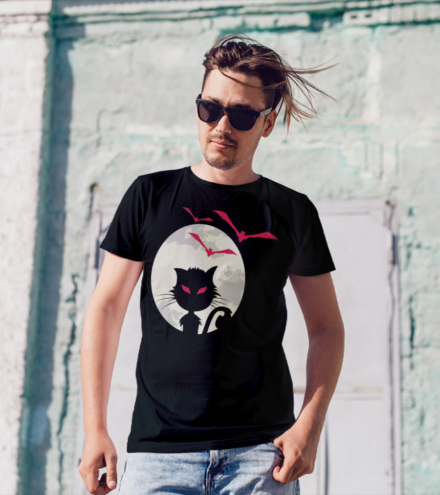 Halloween Bat Cat Silhouette With Red Bats And Moon T-Shirt