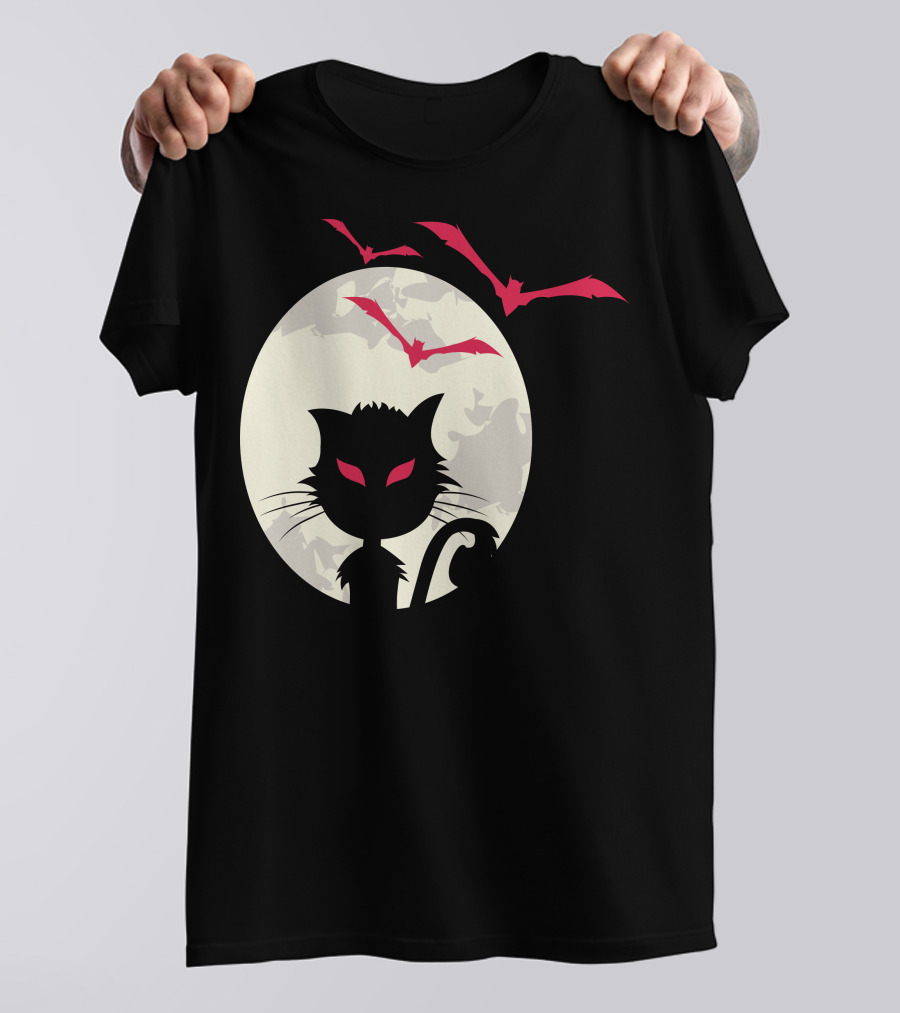 Halloween Bat Cat Silhouette With Red Bats And Moon T-Shirt
