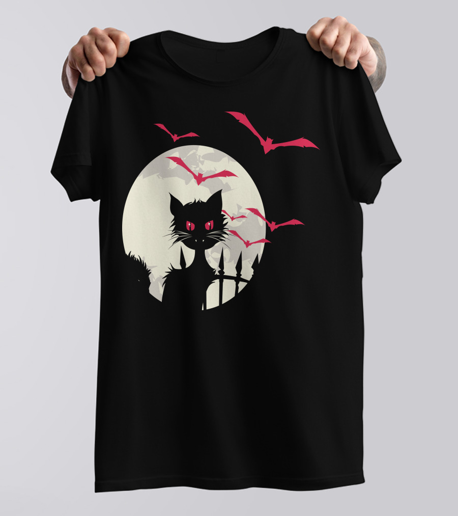 Halloween Cat With Red-Eyed Bats In Full Moon T-Shirt