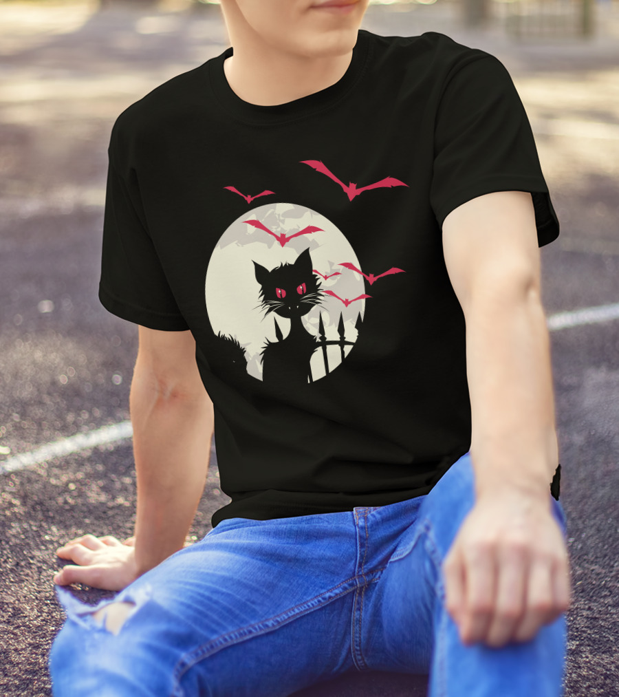Halloween Cat With Red-Eyed Bats In Full Moon T-Shirt