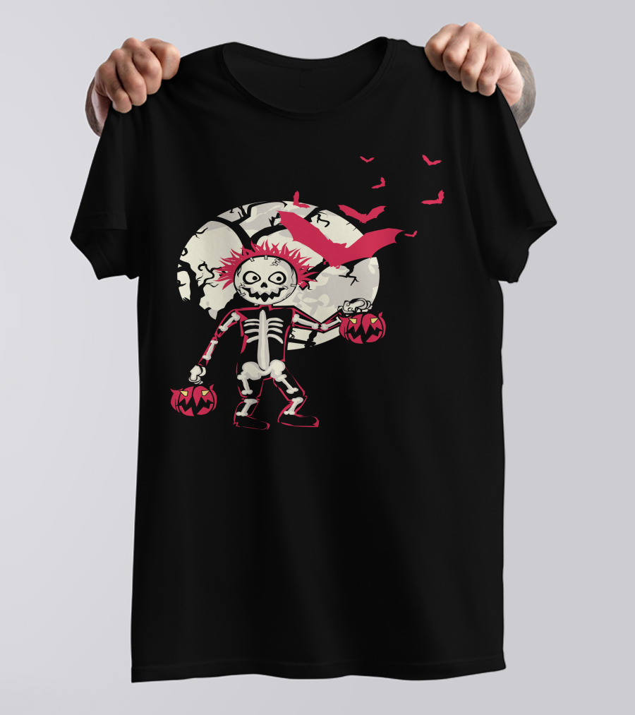 Halloween Skeleton With Moon, Pumpkins, And Red Bats T-Shirt