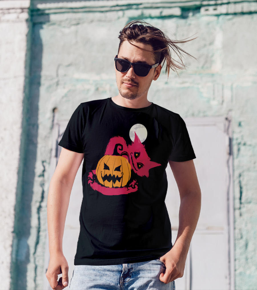 Halloween Pumpkin Cat With Moon And Mischievous Grin T-Shirt