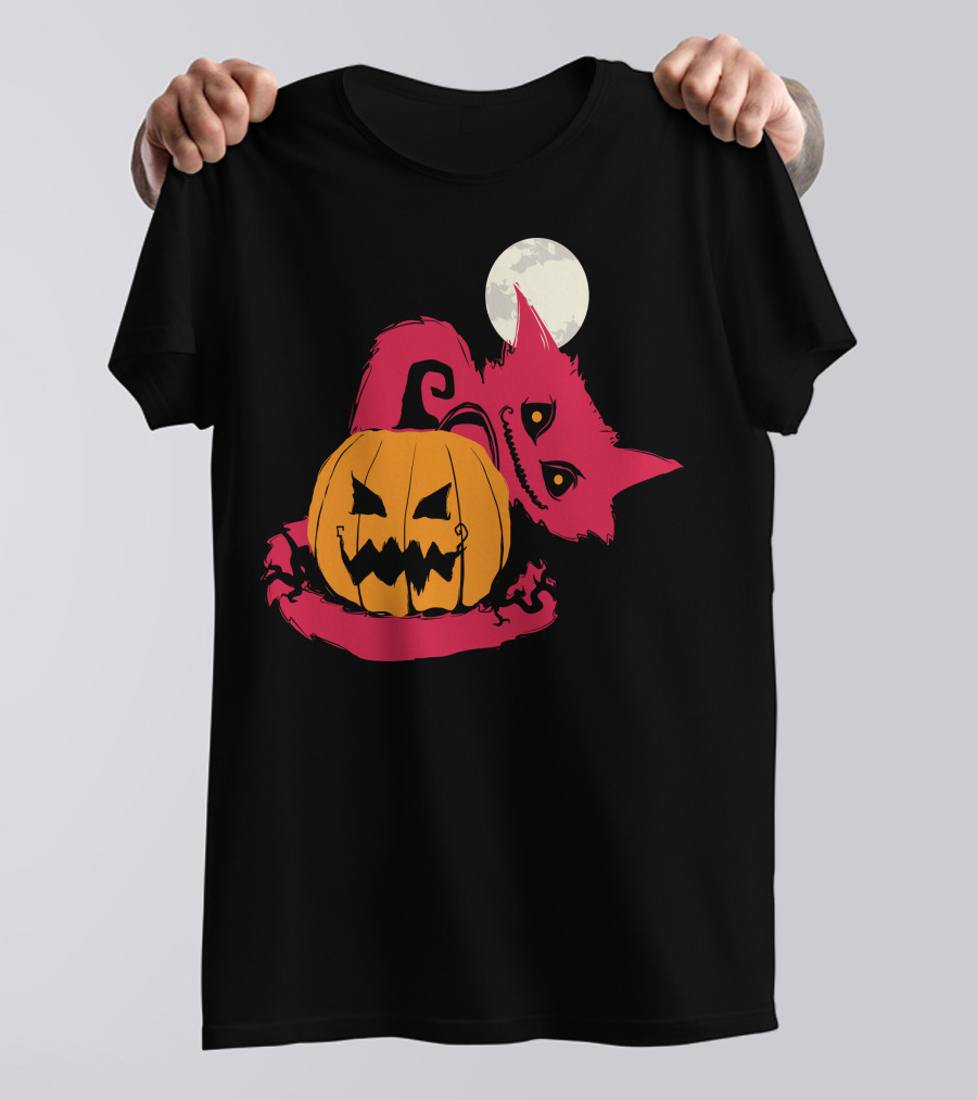 Halloween Pumpkin Cat With Moon And Mischievous Grin T-Shirt