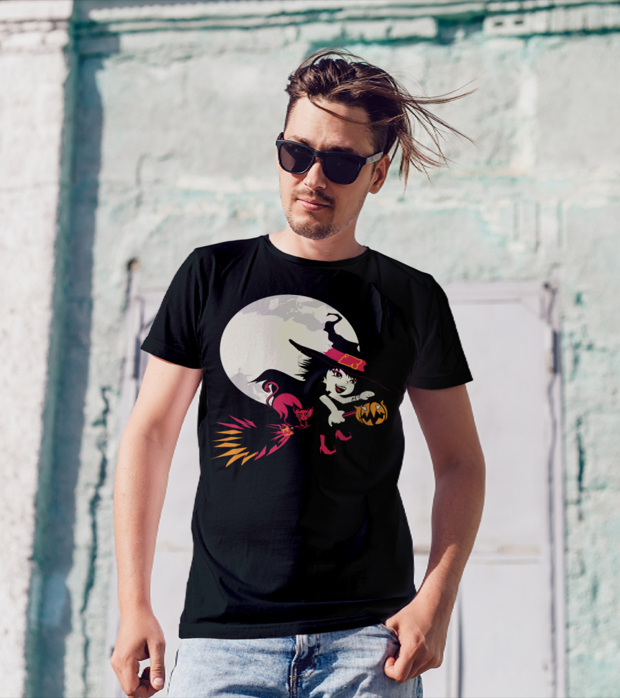 Witch And Cat Flying With Pumpkin Under Full Moon T-Shirt