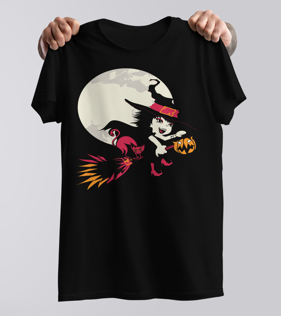 Witch And Cat Flying With Pumpkin Under Full Moon T-Shirt