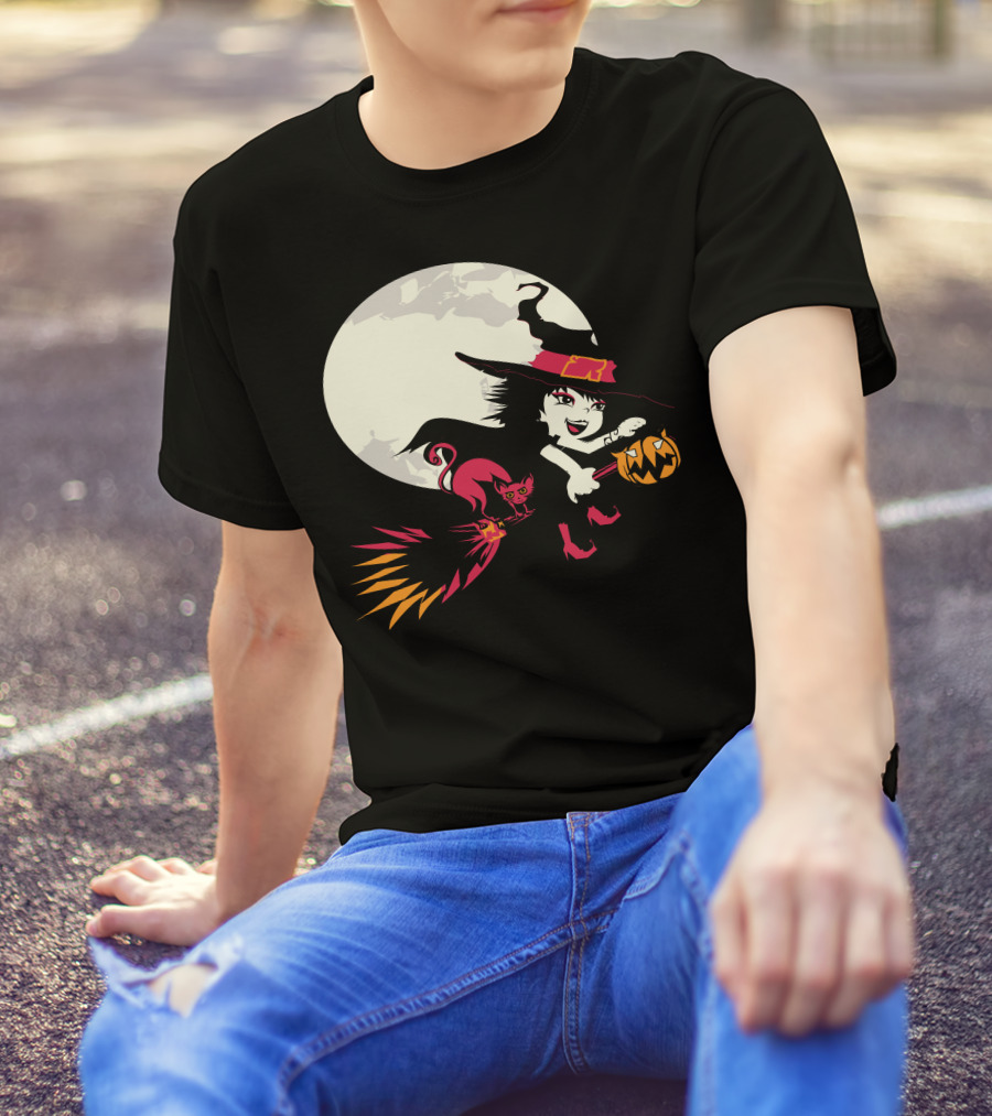 Witch And Cat Flying With Pumpkin Under Full Moon T-Shirt