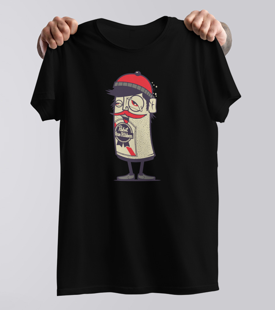 Pabst Blue Ribbon Hipster Can Character Red Beanie T-Shirt