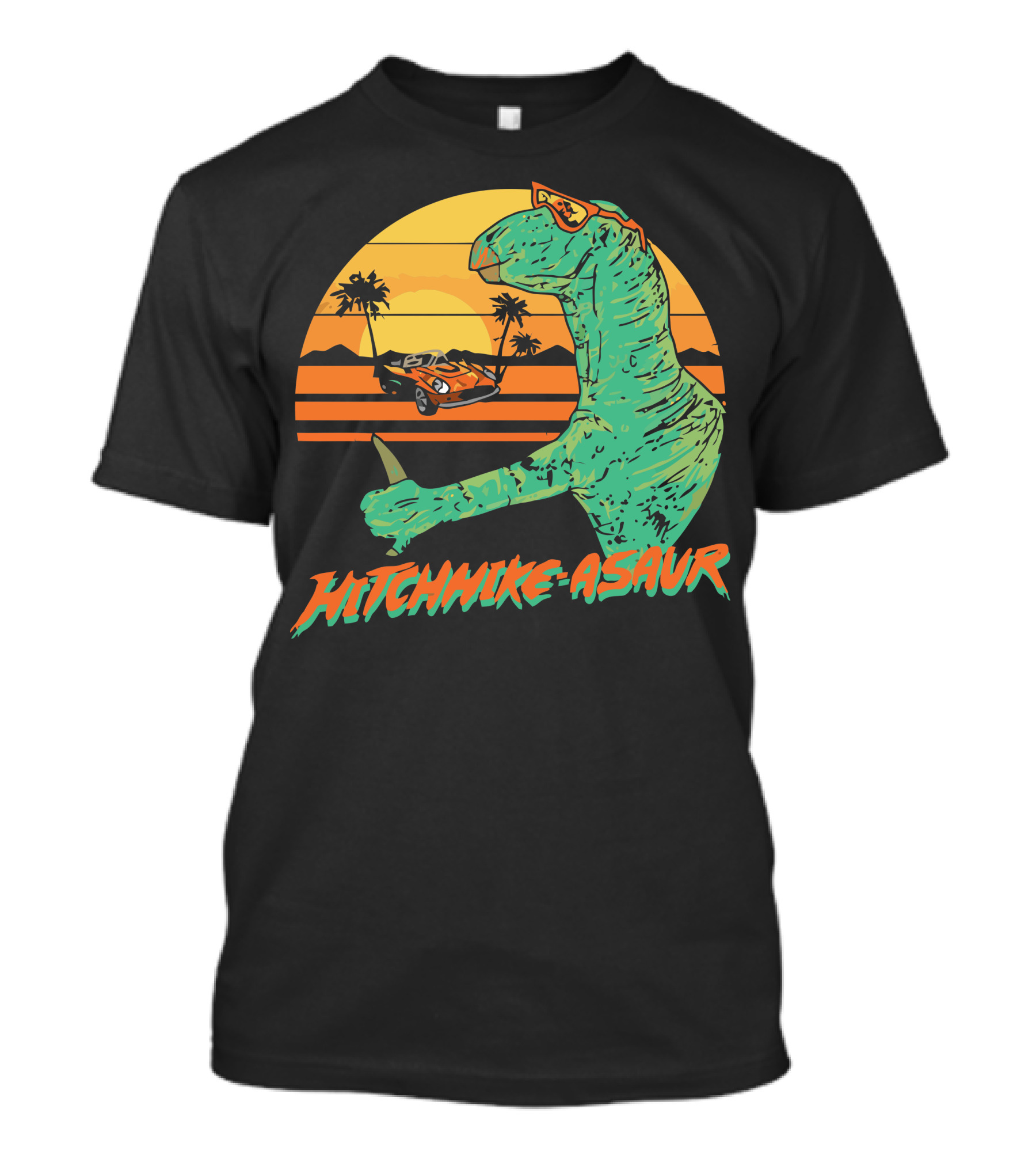 Hitchhike Asaur Sunset Dinosaur With Car And Palm Trees T-Shirt