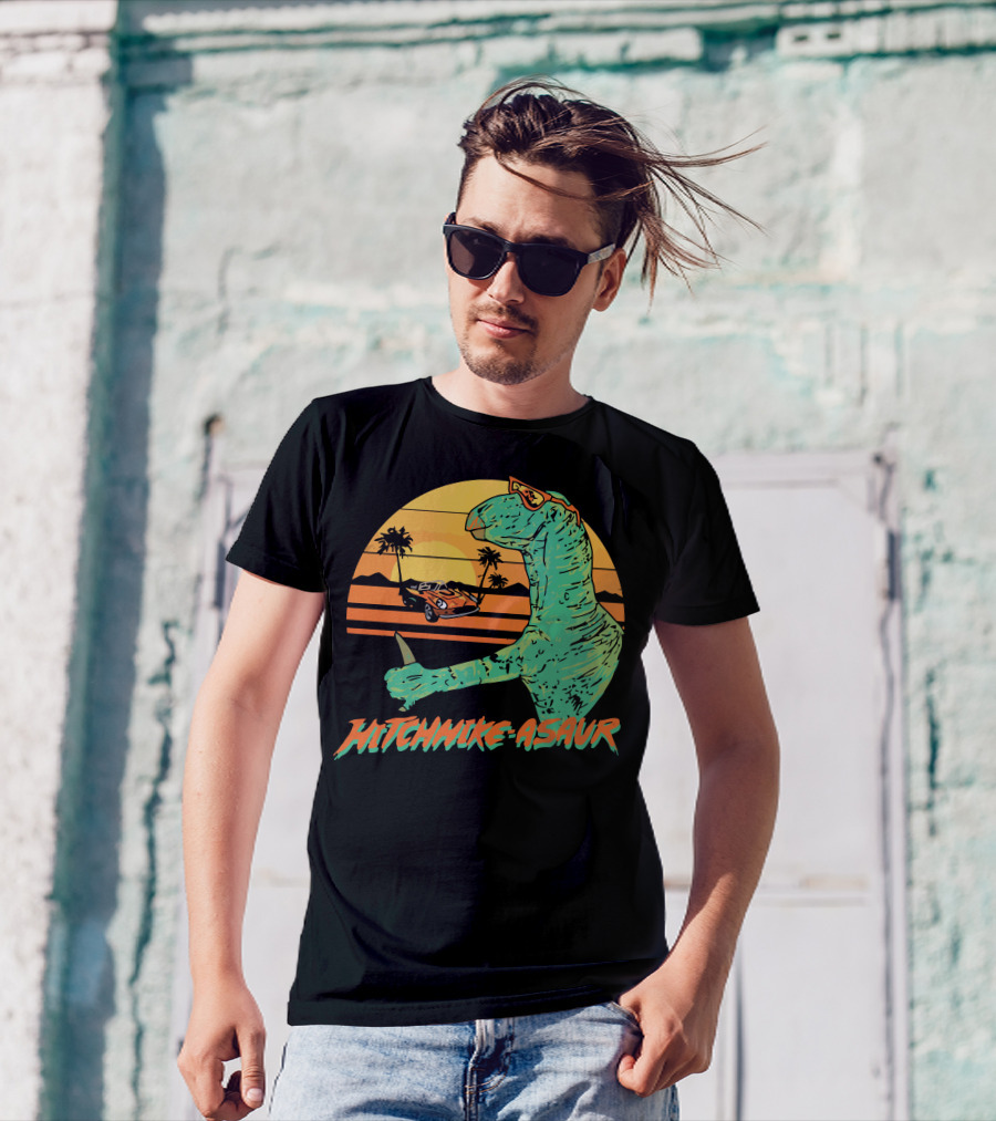 Hitchhike Asaur Sunset Dinosaur With Car And Palm Trees T-Shirt