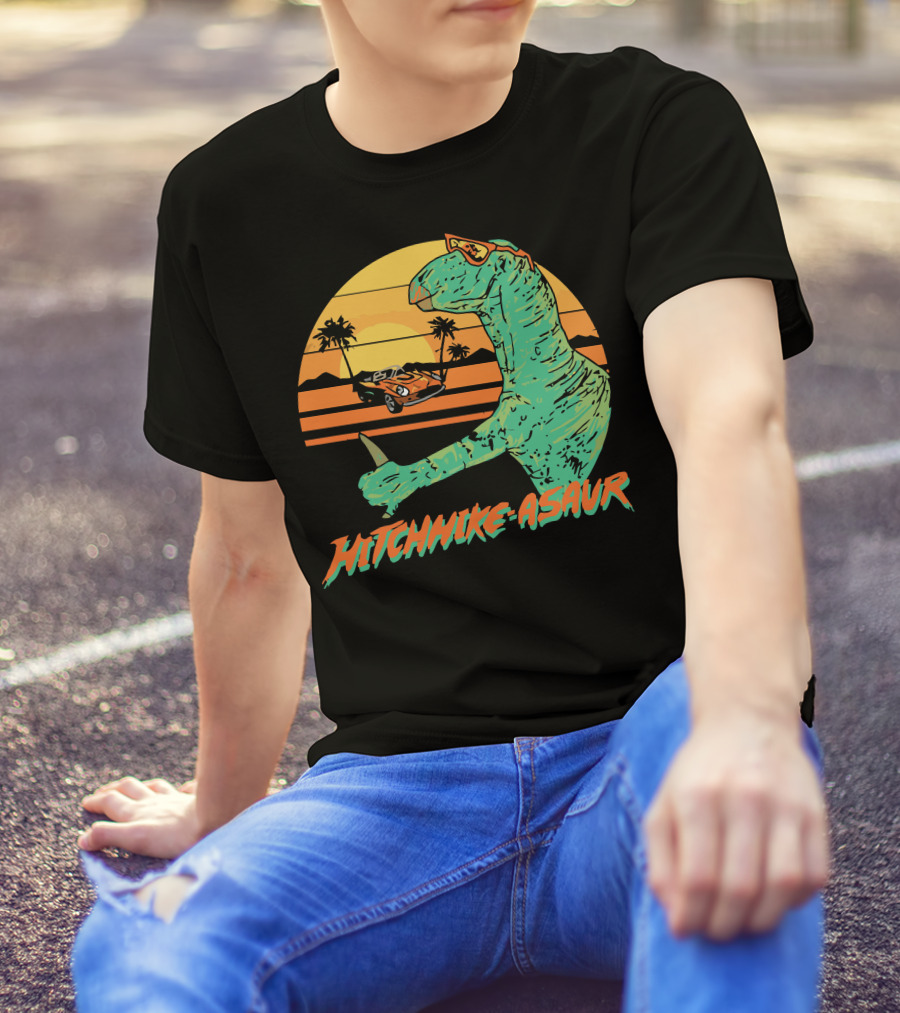 Hitchhike Asaur Sunset Dinosaur With Car And Palm Trees T-Shirt