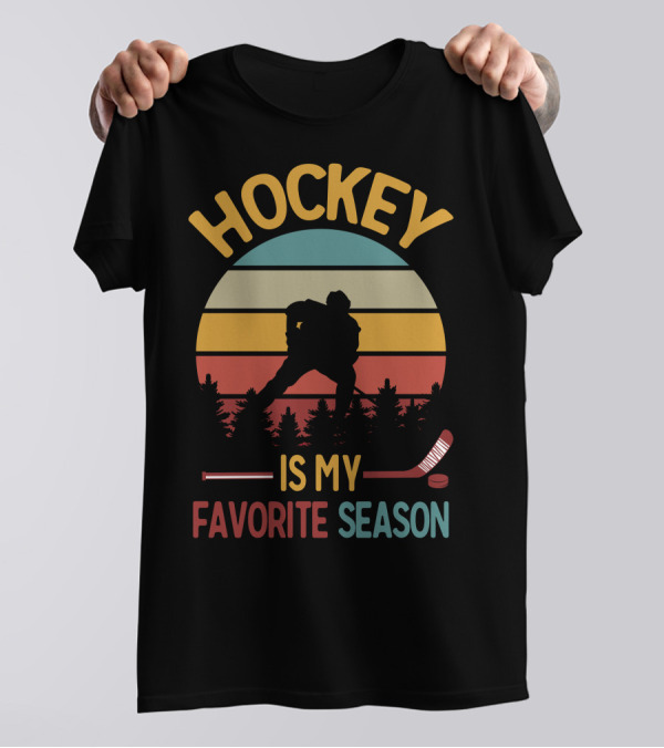 HOCKEY IS MY FAVORITE SEASON Retro Sunset Silhouette With Stick And Puck T-Shirt