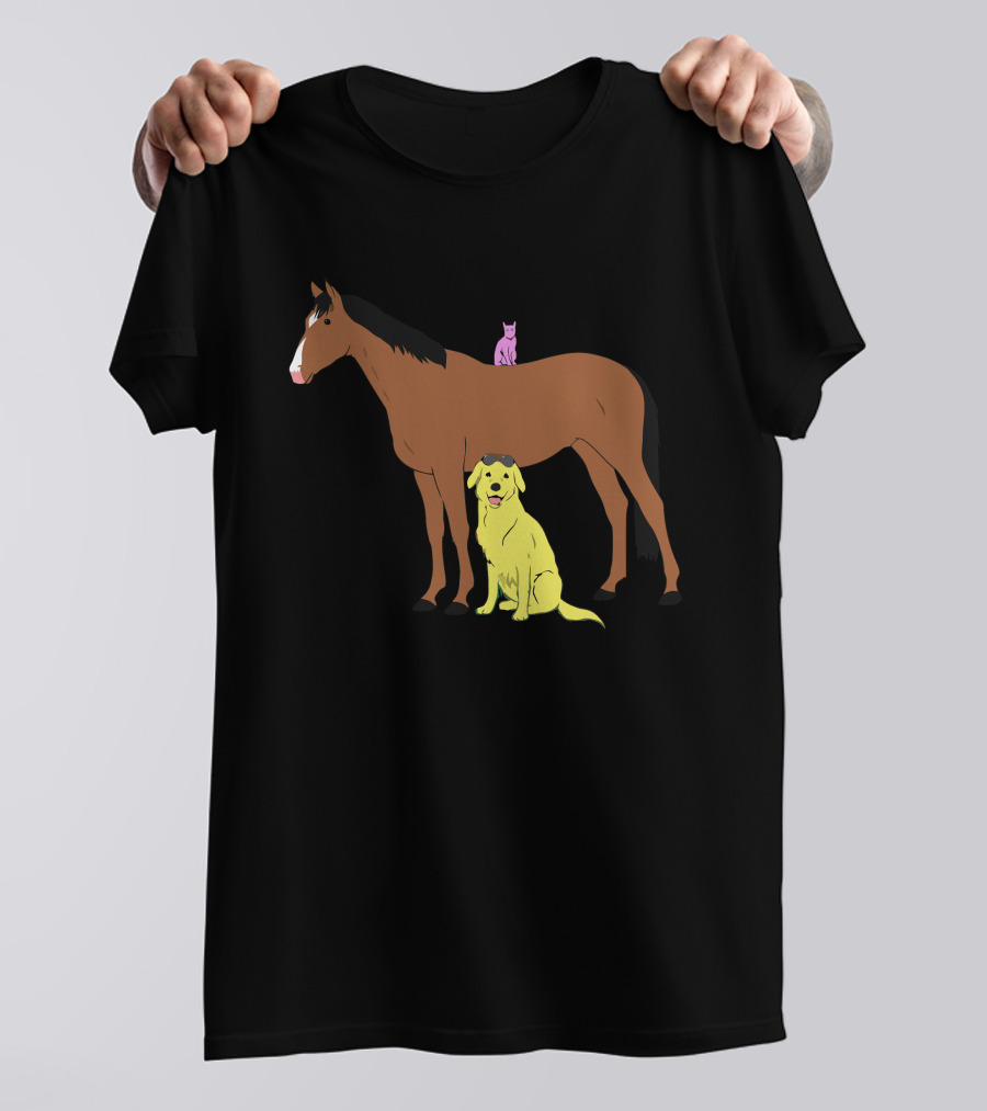 Horsin' With Yellow Dog And Pink Cat Riding Horse T-Shirt