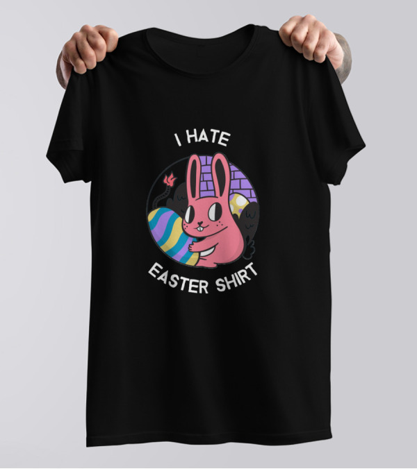 I Hate Easter Shirt Pink Bunny Holding Striped Egg T-Shirt