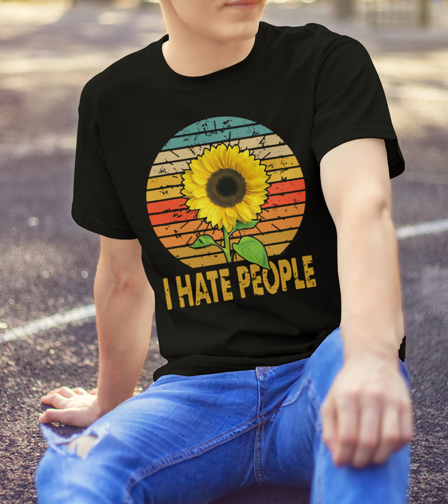 I Hate People Sunflower Retro Stripes T-Shirt