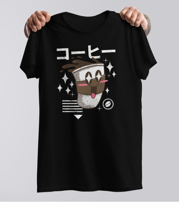 Kawaii Coffee Japanese Text Smiling Cup Sparkles T-Shirt