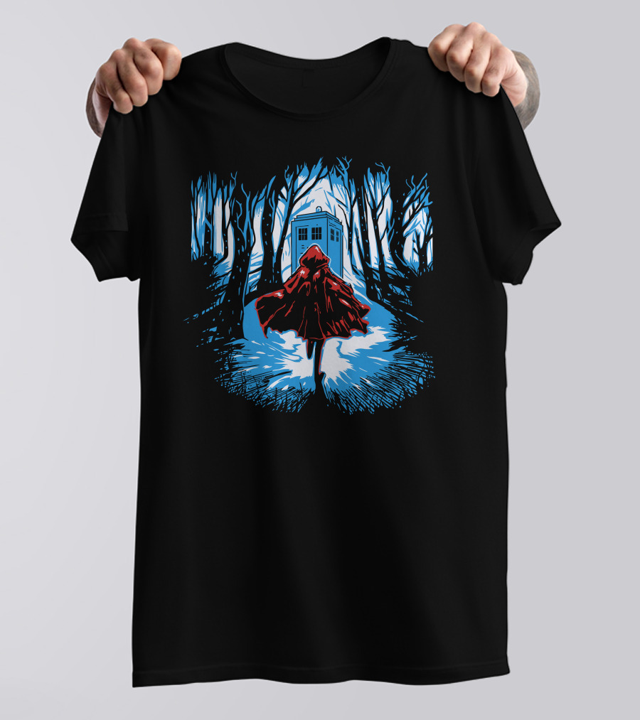 Little Red Riding Hood Walking Toward Tardis In Doctor Who Forest Scene T-Shirt