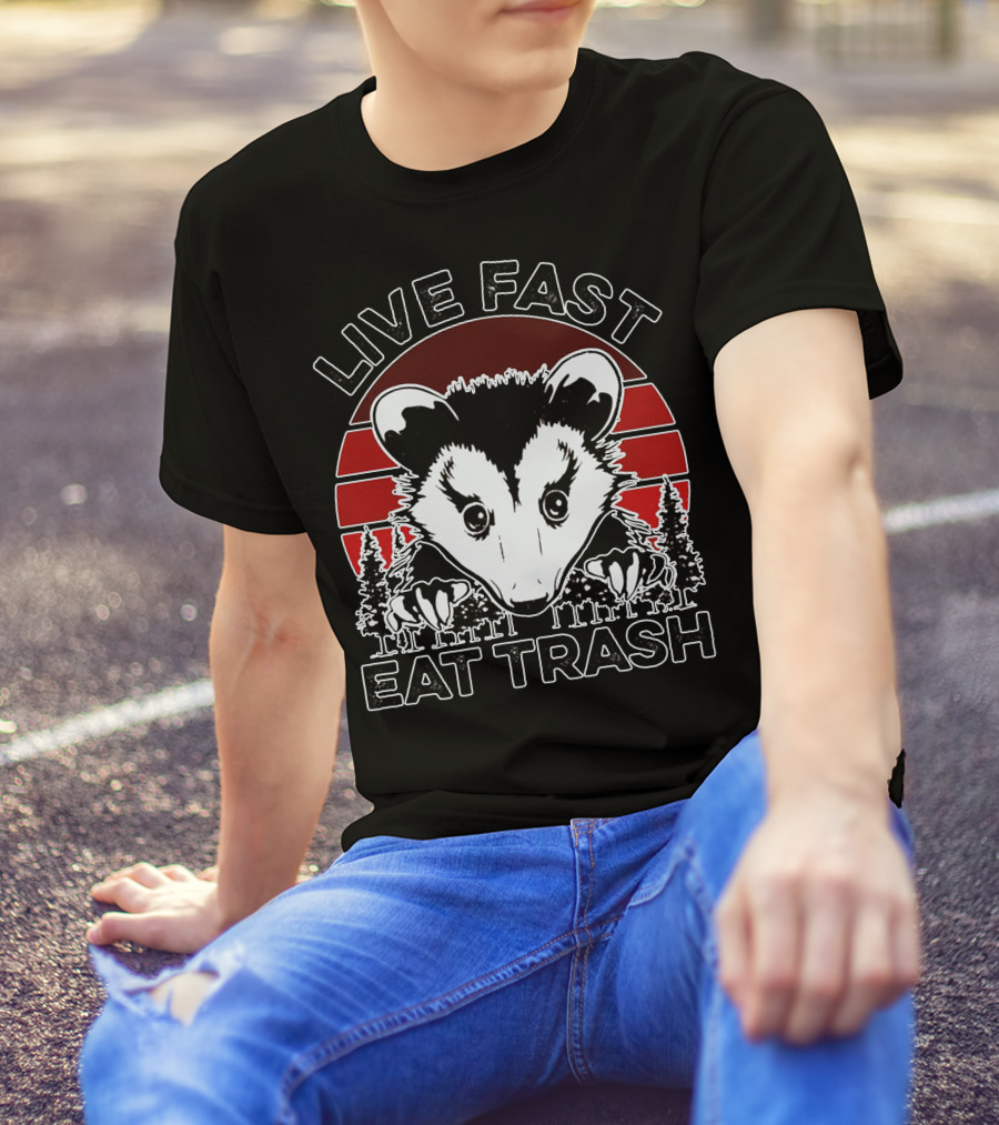 Live Fast Eat Trash Possum Vintage Sunset Forest T-Shirt