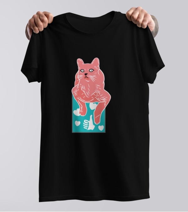 Meh Cat Pink Illustration With Hearts And Thumbs Up T-Shirt
