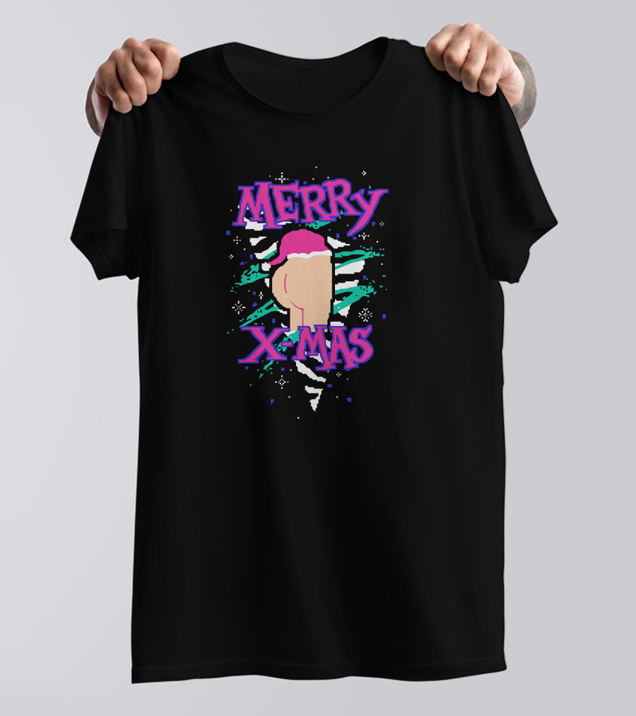 Merry X Mas Retro Graphic With Santa Hat Butt T-Shirt