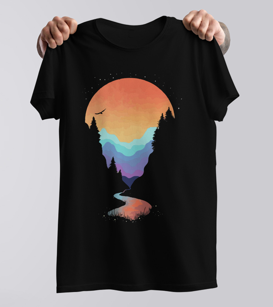Mountain Stream Sunset With Colorful Layers And Silhouetted Pine Trees T-Shirt
