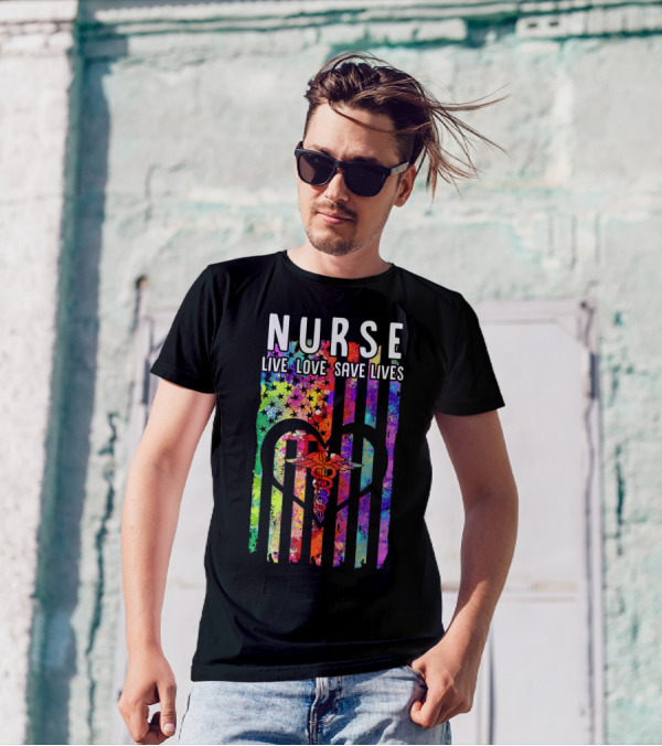 Nurse Live Love Save Lives Caduceus Heart Rainbow Flag Stars T-Shirt