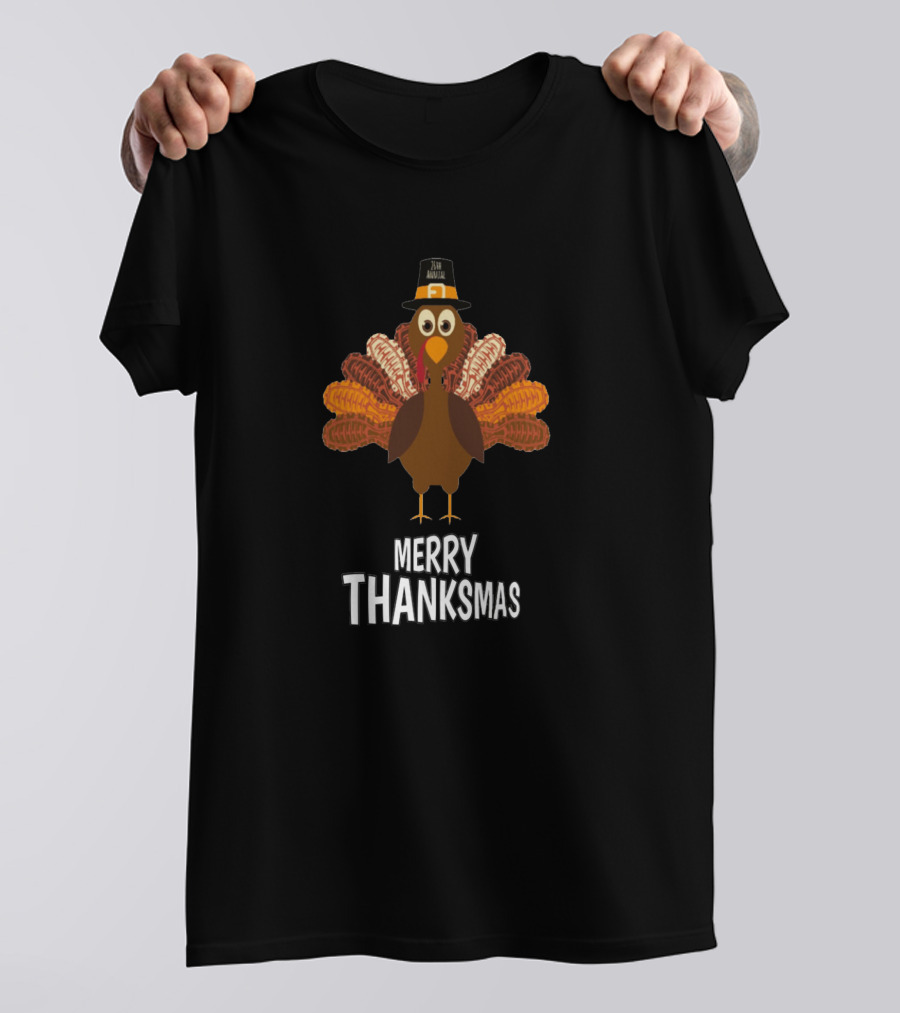 Merry Thanksmas Turkey With Hat And Feathers T-Shirt