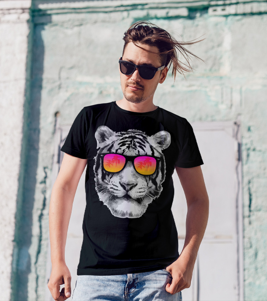 The Coolest Tiger With Sunset Palm Tree Sunglasses T-Shirt