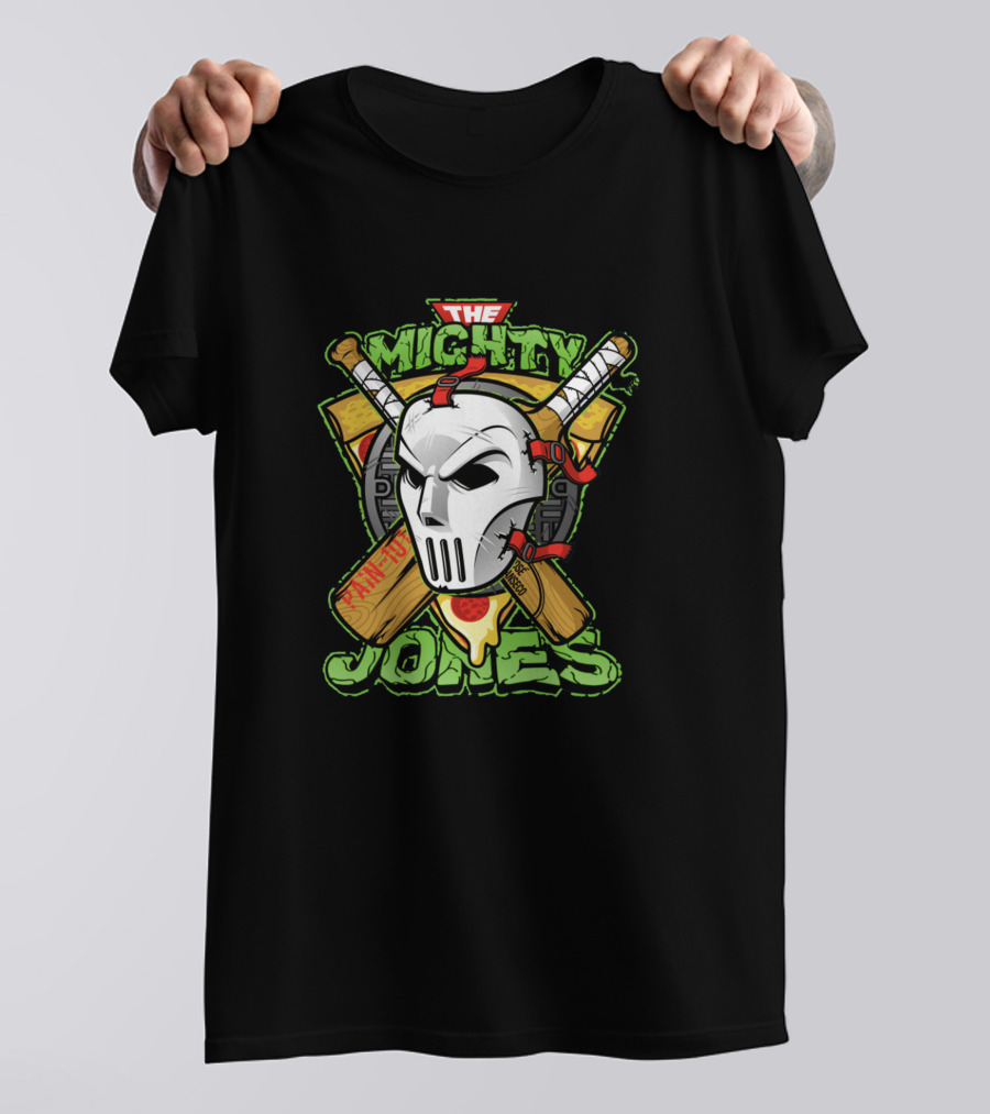 THE MIGHTY JONES MASK CROSSING BAT WEAPONS PIZZA SLICE NINJA T-Shirt