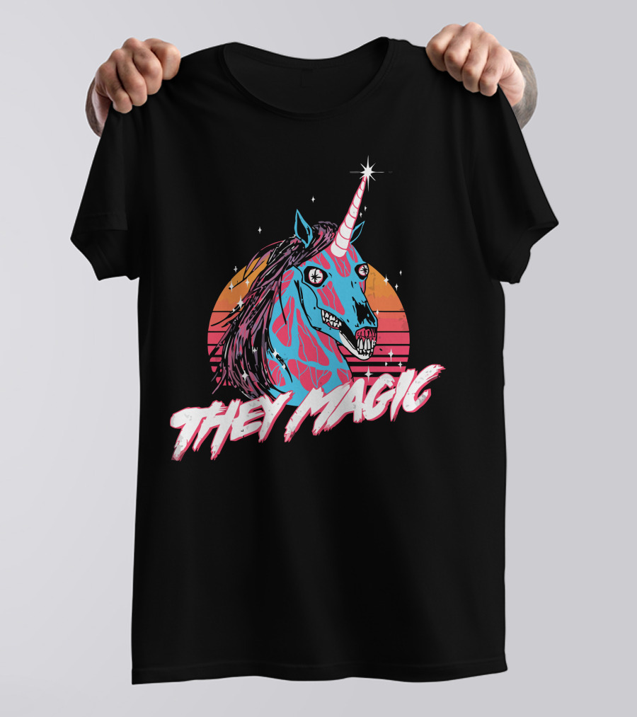 They Magic Retro Unicorn With Vibrant Colors And Sunset Background T-Shirt