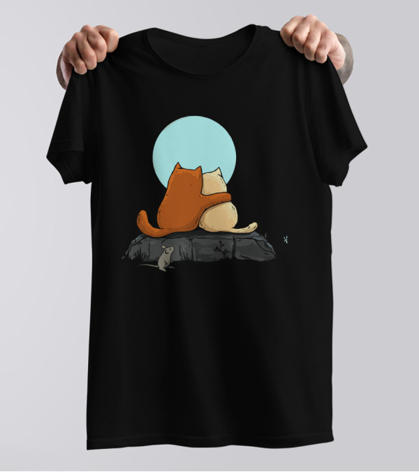 Two Cats Cuddling Under The Moon With Mouse Observing T-Shirt