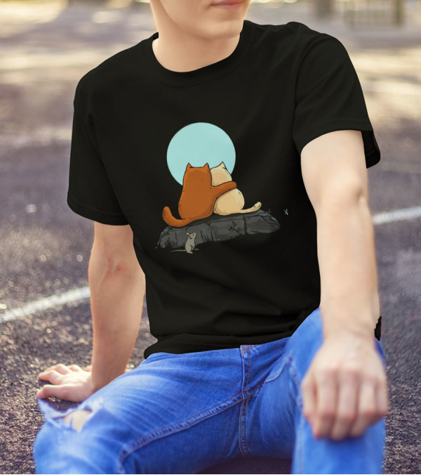 Two Cats Cuddling Under The Moon With Mouse Observing T-Shirt