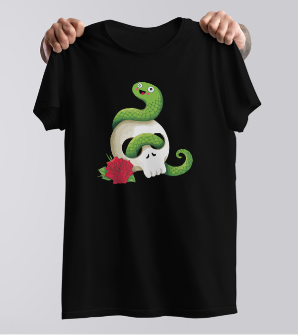 Ultra Badass Snake In Skull With Red Rose T-Shirt