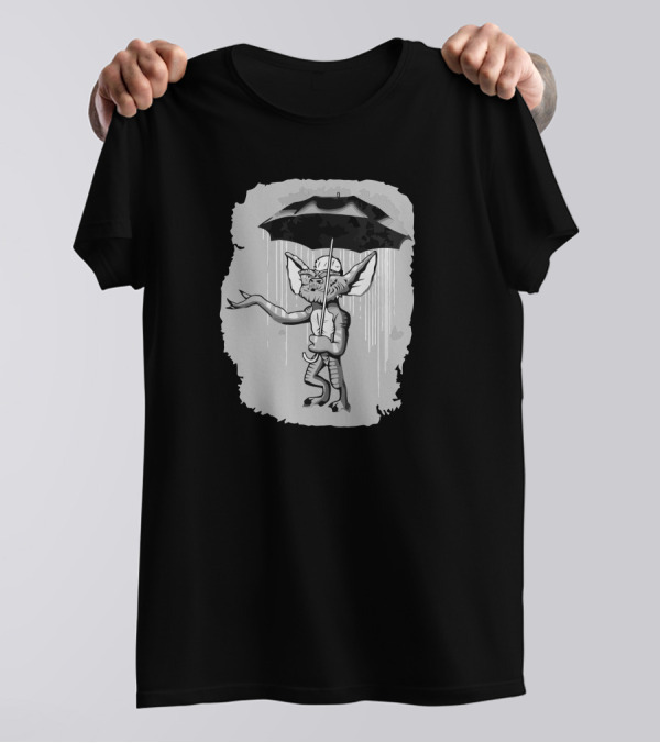 Umbrella Gremlin Creature Banksy Style Graffiti Monochrome T-Shirt