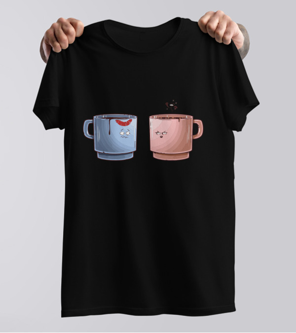 Unfaithful Coffee Mugs With Lipstick And Suspicious Expressions T-Shirt