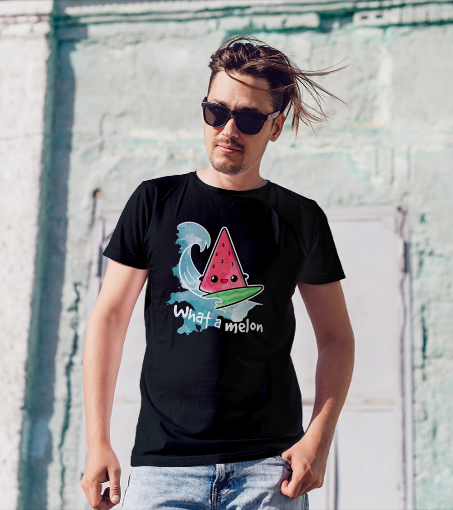 What A Melon Surfing Wave Kawaii Watermelon Slice T-Shirt