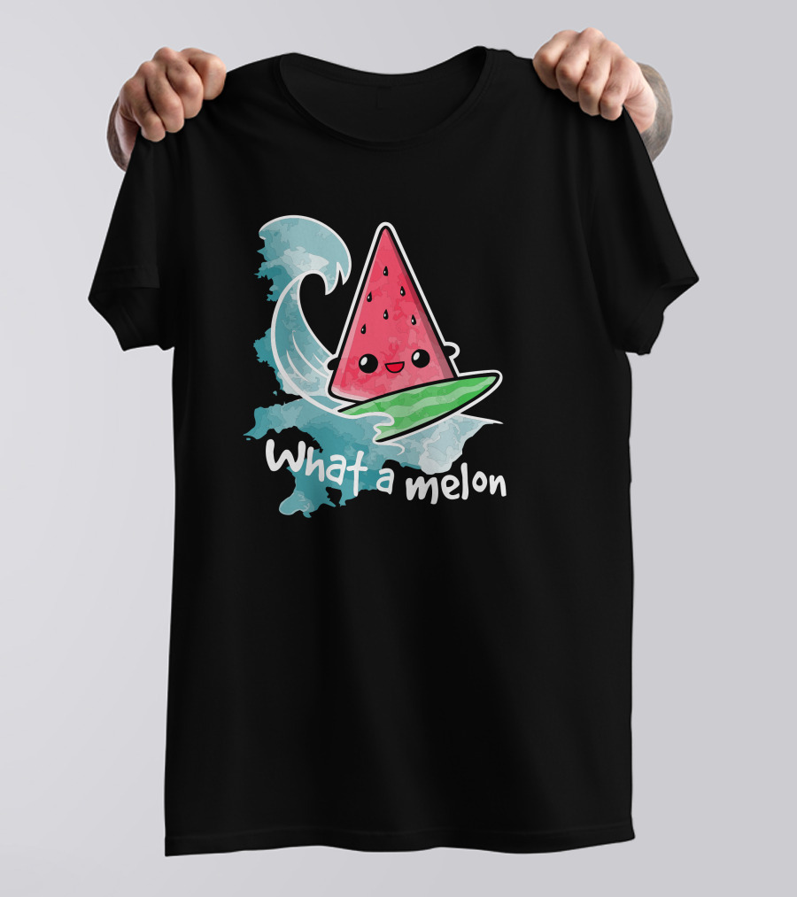 What A Melon Surfing Wave Kawaii Watermelon Slice T-Shirt