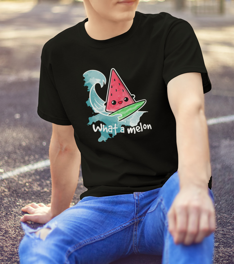 What A Melon Surfing Wave Kawaii Watermelon Slice T-Shirt