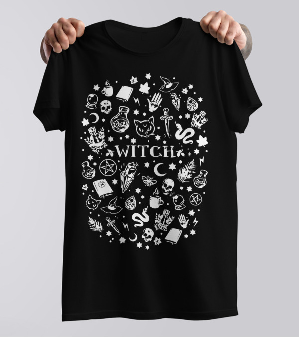 Witch Elements White Cat Skull Moon Pentagram Potion Magic Symbols T-Shirt
