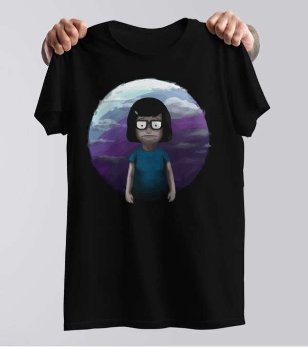 Writer Cartoon Character With Glasses And Dark Hair In Blue In Front Of Purple And Blue Sky T-Shirt