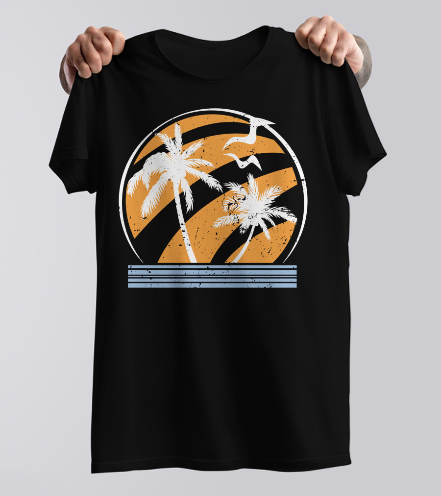 Palm Trees And Seagulls With Orange Stripes T-Shirt