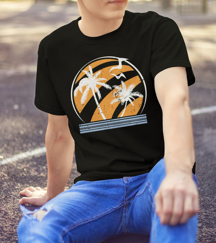 Palm Trees And Seagulls With Orange Stripes T-Shirt