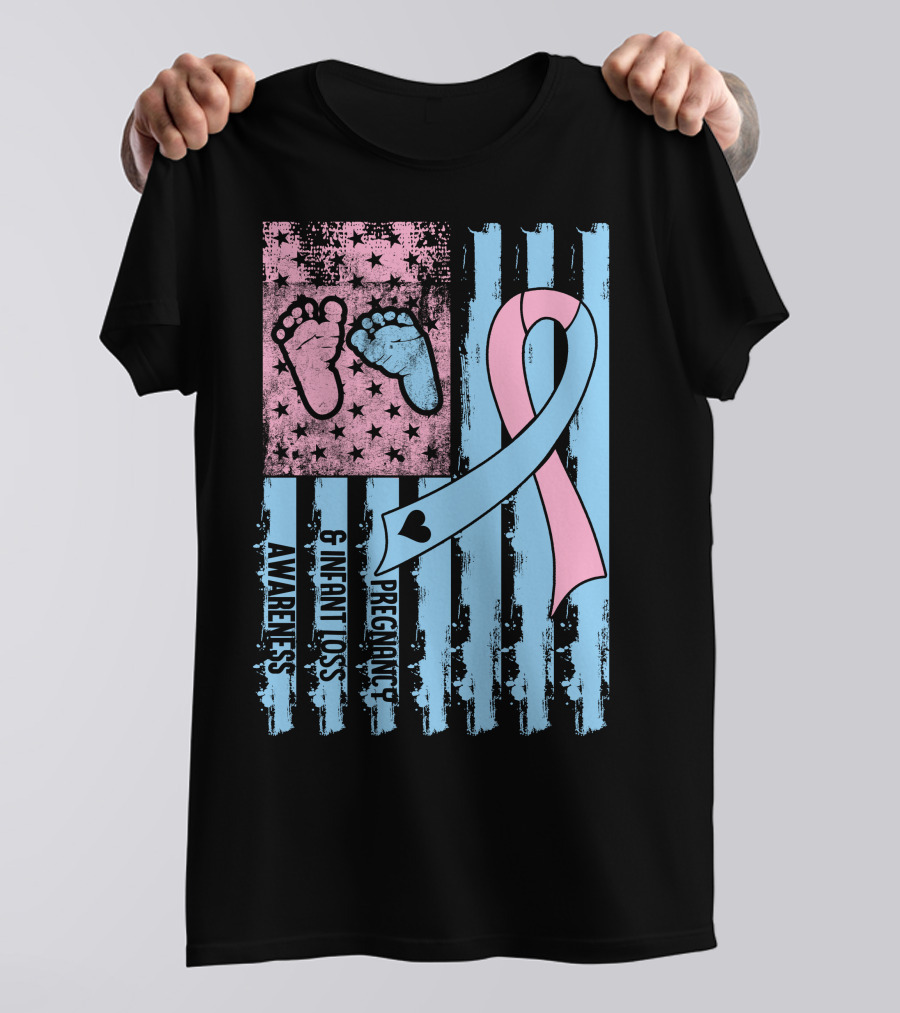 Pregnancy And Infant Loss Awareness Ribbon With American Flag And Baby Footprints T-Shirt