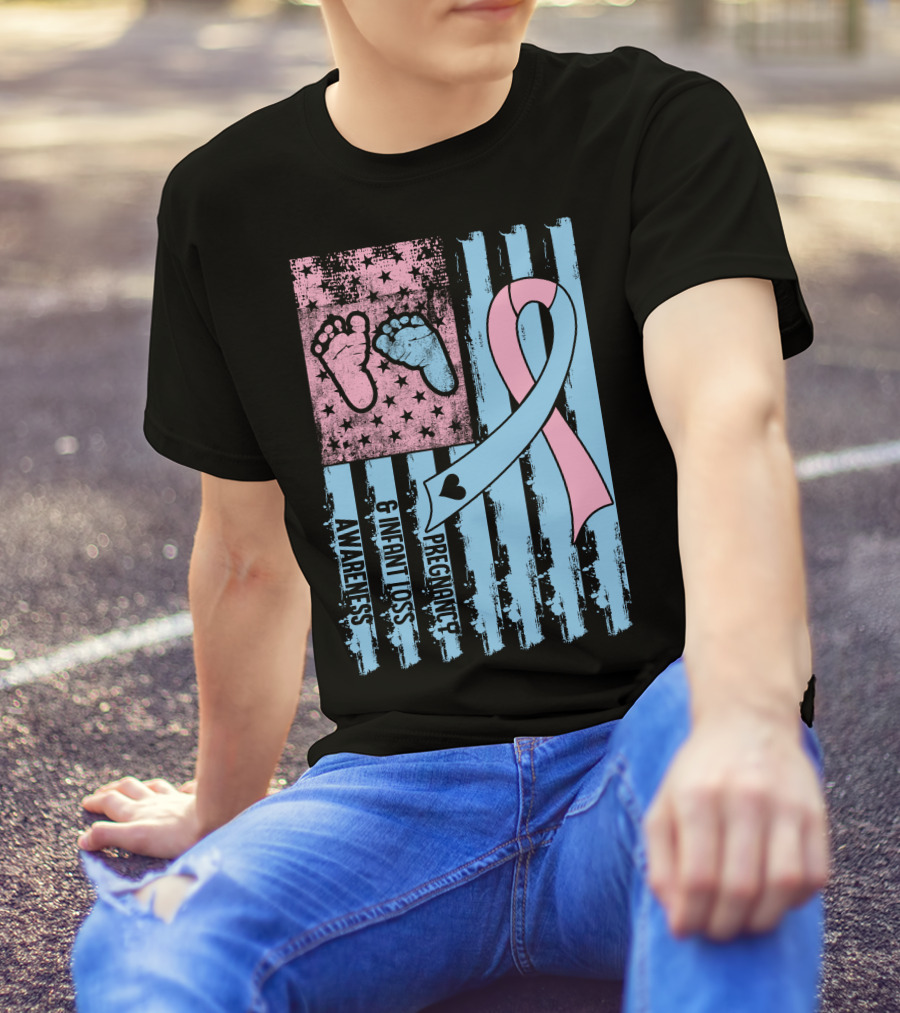 Pregnancy And Infant Loss Awareness Ribbon With American Flag And Baby Footprints T-Shirt