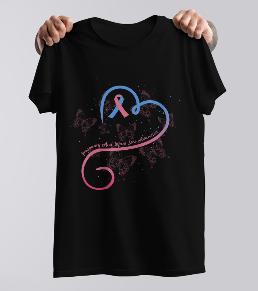 Pregnancy And Infant Loss Awareness Month Ribbon And Butterflies Heart T-Shirt