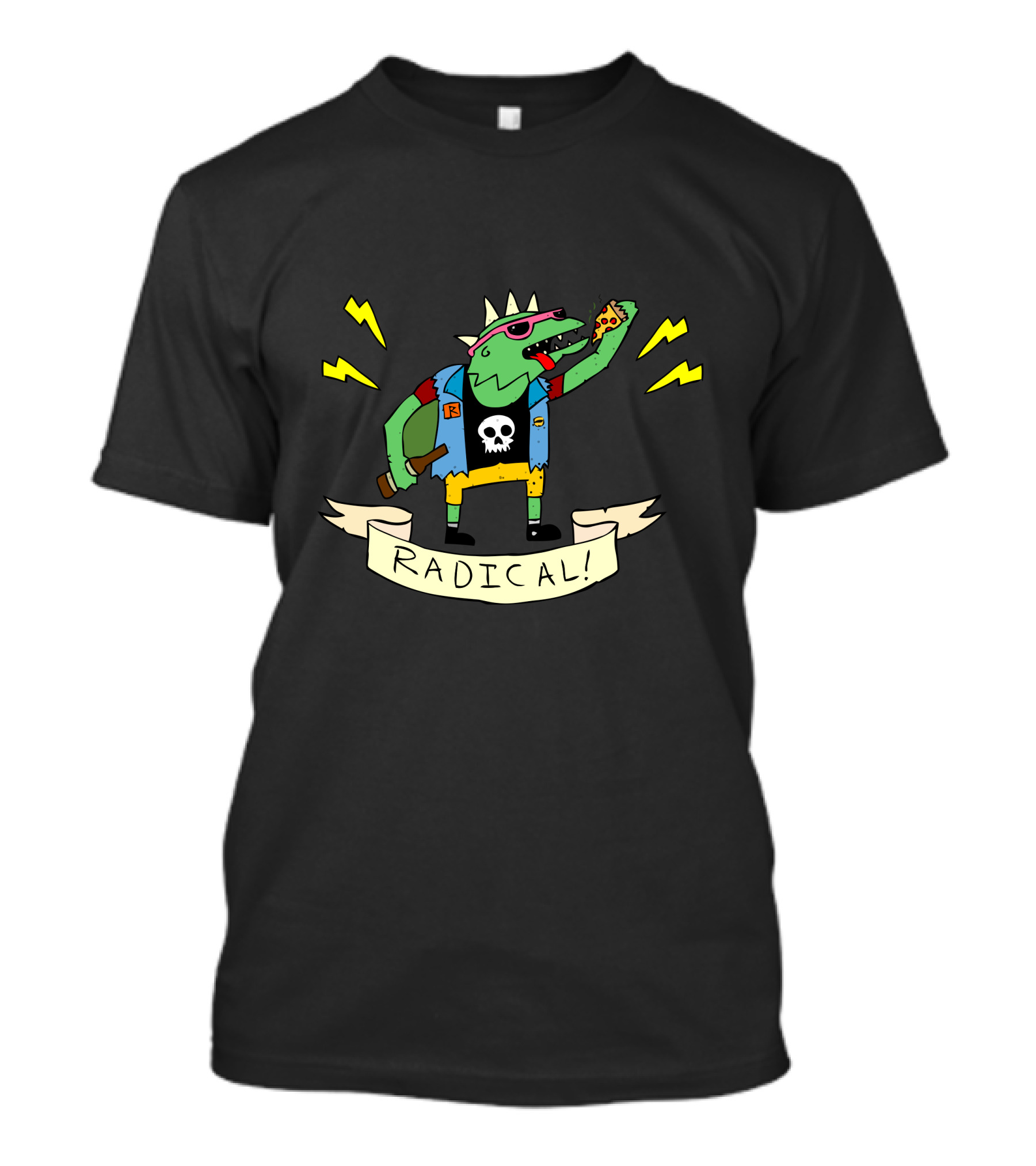Radical Lizard Punk Rock Pizza Eating Character With Skull Vest And Mohawk T-Shirt