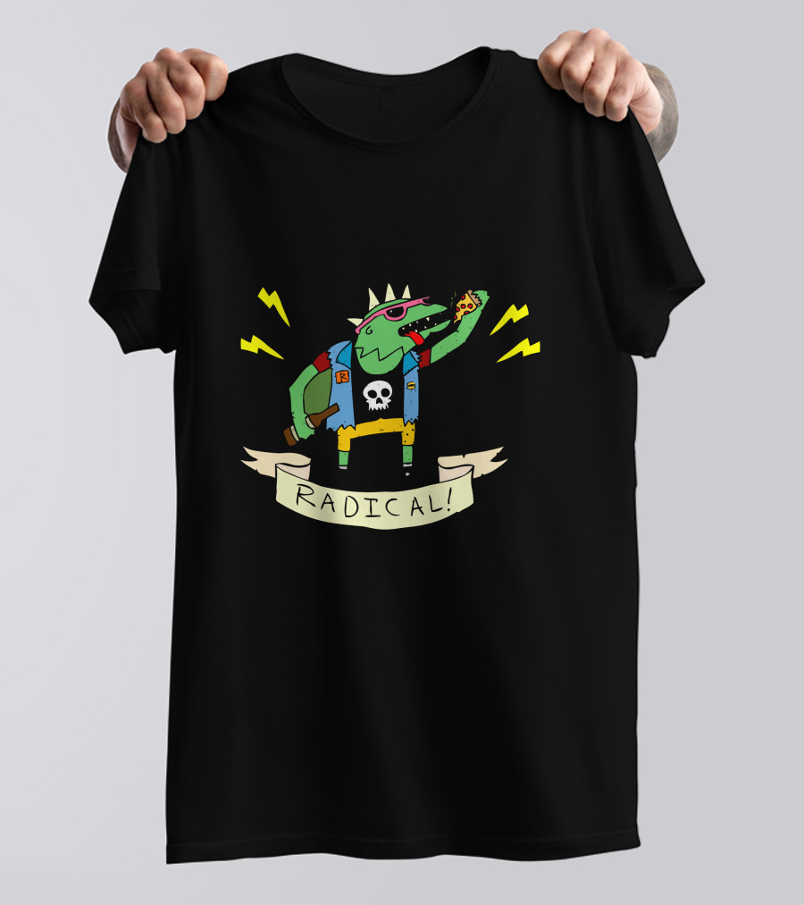 Radical Lizard Punk Rock Pizza Eating Character With Skull Vest And Mohawk T-Shirt