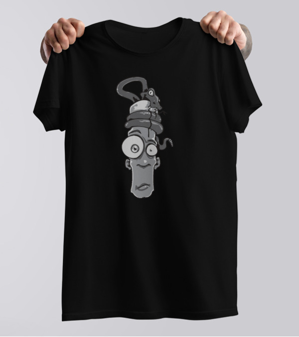 Rattled Cartoon Character With Coiled Snake Hat And Mouse In Silent Grey T-Shirt