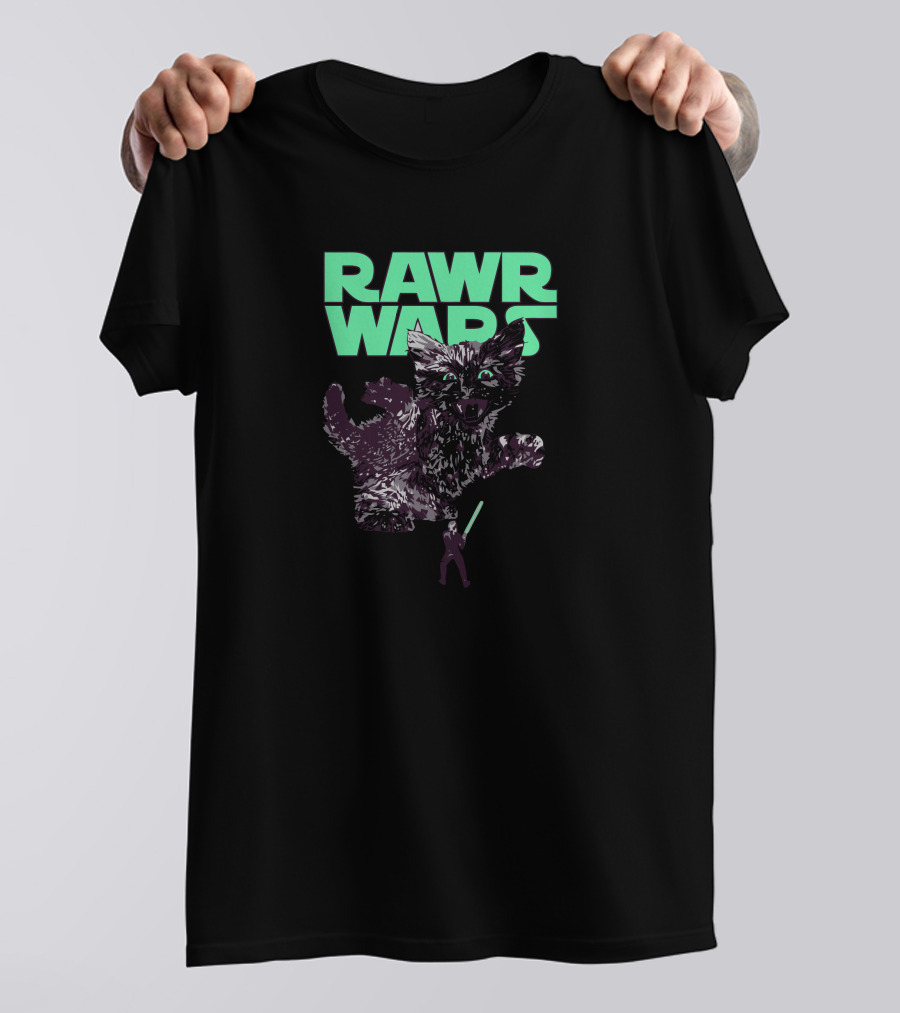 RAWR WARS Cat With Lightsaber Duel T-Shirt