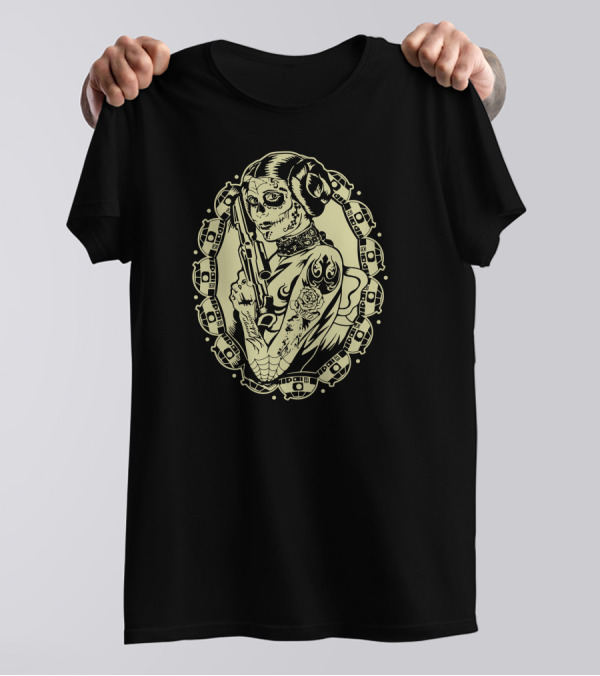 Rebellion Princess Sugar Skull Gunfighter Icon In Sci-Fi Oval Frame T-Shirt